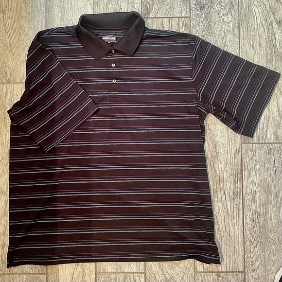 Kirkland Brand Men’s Black Short Sleeve Polo Shirt w/Purple & Turquoise Stripes - Picture 3 of 6